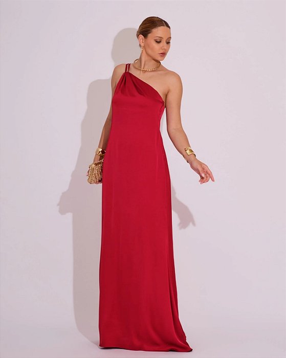 VESTIDO LONGO SEDA OMBRO SÔ ENCHARPE MARSALA