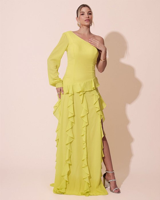 VESTIDO LONGO CREPE DE SEDA UM OMBRO SÕ MANGA LONGA BABADOS VERTICAIS NO COMPRIMENTO COM FENDA AMARELO