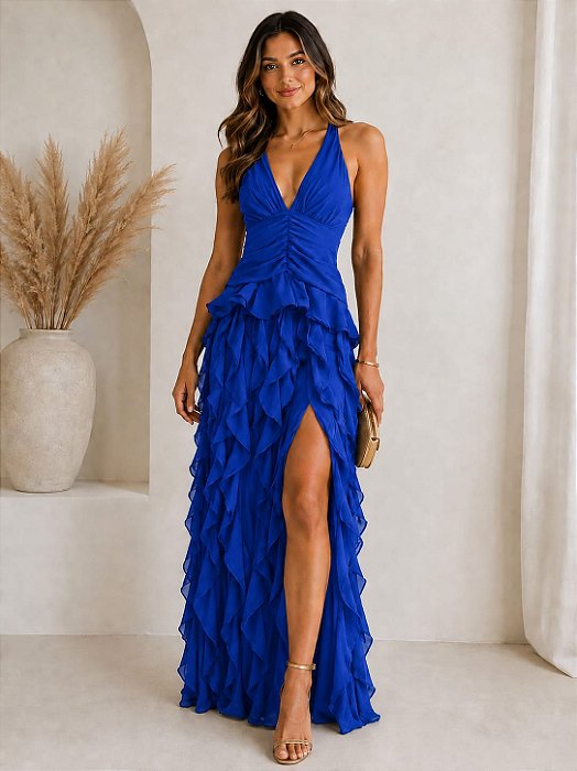 VESTIDO LONGO CREPE DE SEDA FRENTE ÚNICA COM AMARRAÇÃO FENDA LATERAL SAIA BABADOS VERTICAIS AZUL ROYAL