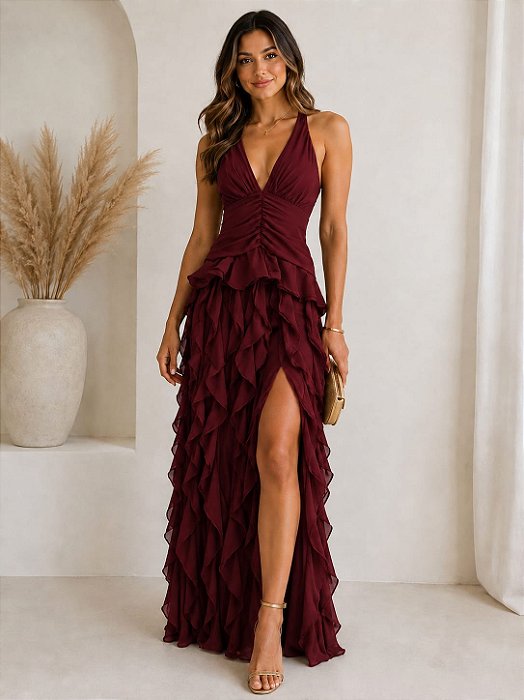 VESTIDO LONGO CREPE DE SEDA FRENTE ÚNICA COM AMARRAÇÃO FENDA LATERAL SAIA BABADOS VERTICAIS MARSALA