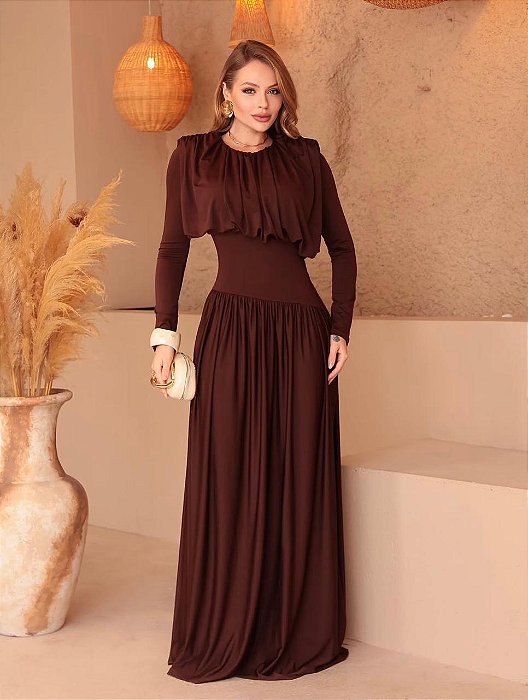 VESTIDO JERSEY M L DECOTE FECHADO COM PLISSA MARRON