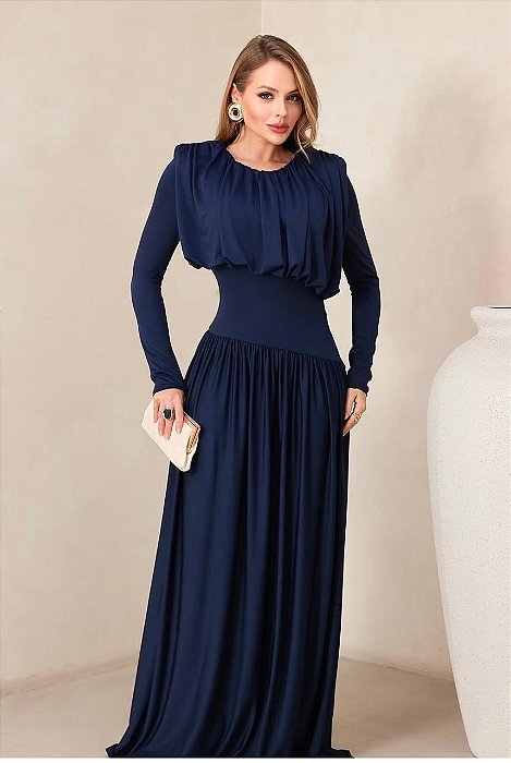 VESTIDO JERSEY M L DECOTE FECHADO COM PLISSA AZUL MARINHO