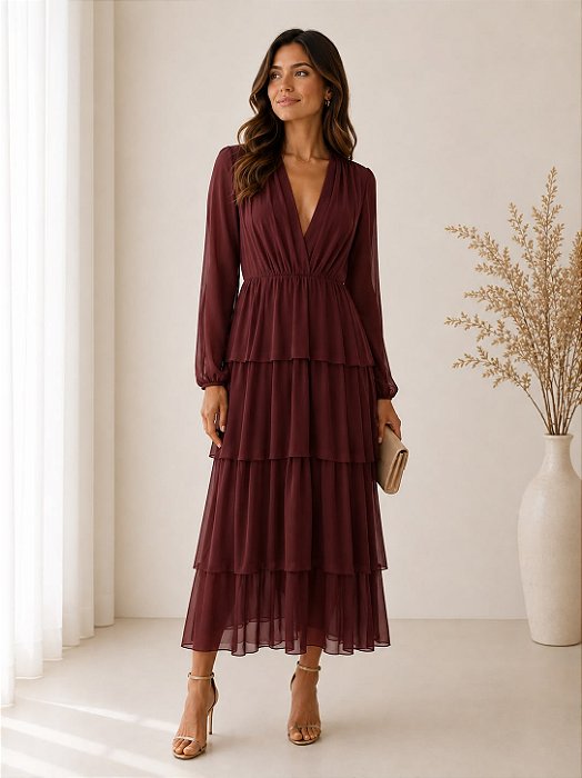 VESTIDO MIDI MANGA LONGA COM CAMADAS MICROTULLE MARSALA