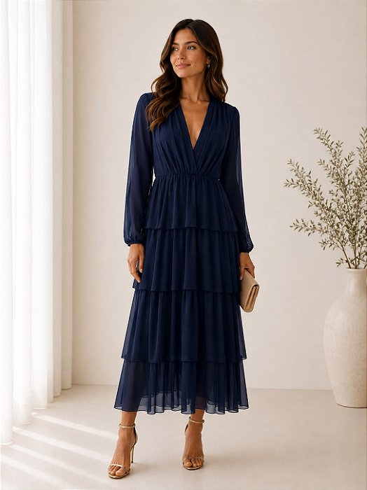 VESTIDO MIDI MANGA LONGA COM CAMADAS MICROTULLE AZUL MARINHO
