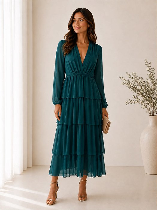 VESTIDO MIDI MANGA LONGA COM CAMADAS MICROTULLE VERDE PETROLEO