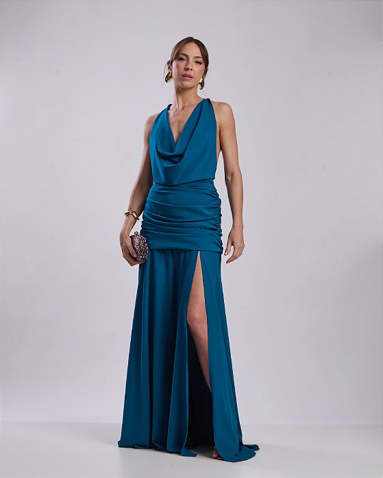 VESTIDO LONGO CREPE DE SEDA GOLA AMARRAÇÃO CINTURA E QUADRIL DRAPEADO FENDA FRENTE AZUL ROYAL