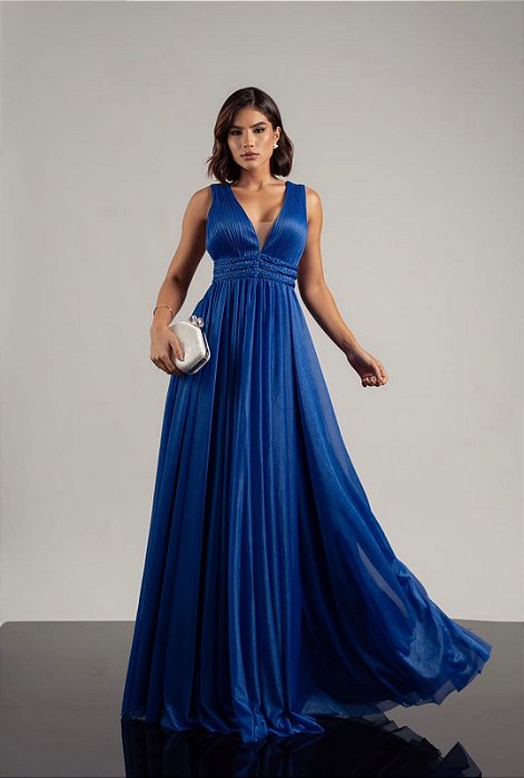 VESTIDO LONGO MICROTULLE COM ELASTANO DECOTE V DETALHE TRANÇADO BUSTO E CINTURA AZUL ROYAL