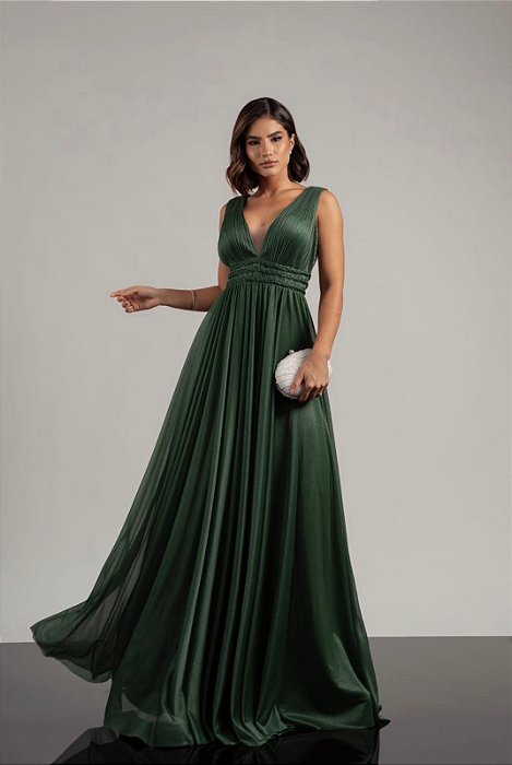 VESTIDO LONGO MICROTULLE COM ELASTANO DECOTE V DETALHE TRANÇADO BUSTO E CINTURA VERDE OLIVA