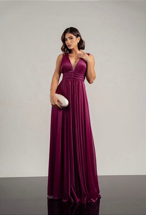 VESTIDO LONGO MICROTULLE COM ELASTANO DECOTE V DETALHE TRANÇADO BUSTO E CINTURA FÚCSIA