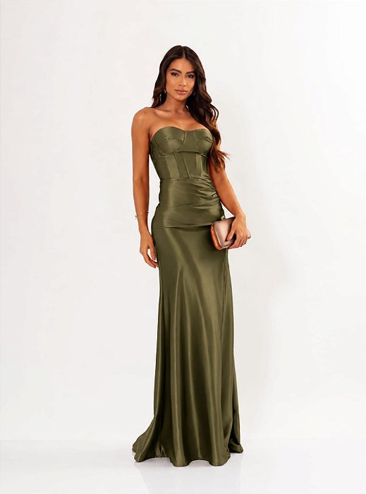 VESTIDO LONGO PRADA COM ELASTANO TOMARA QUE CAIA FENDA LATERAL VERDE OLIVA