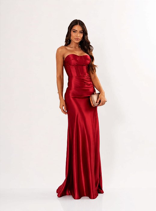 VESTIDO LONGO PRADA COM ELASTANO TOMARA QUE CAIA FENDA LATERAL VERMELHO