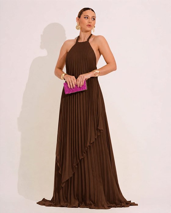 VESTIDO LONGO CHIFFON FRENTE ÚNICA PLISSADO SOBREPOSTO  MARRON