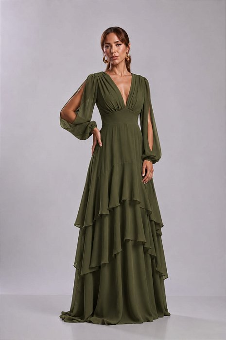 VESTIDO LONGO CREPE DE SEDA MANGA LONGA COM FENDA SAIA COM CAMADAS VERDE OLIVA