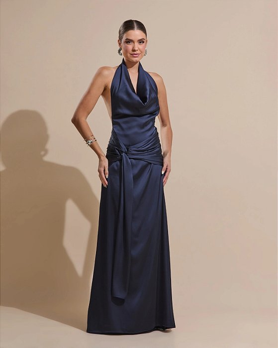 VESTIDO LONGO SEDA GOLA BOBA DETALHE CINTURA AZUL MARINHO