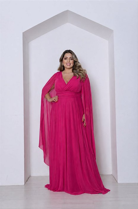 VESTIDO LONGO MICROTULE MANGA CAPA DECOTE TRANSPASSADO ACINTURADO PINK