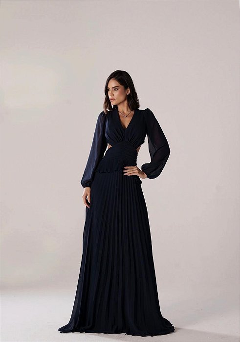 VESTIDO LONGO CREPE DE SEDA MANGA LONGA DECOTE V PALA LARGA DRAPEADA AZUL MARINHO