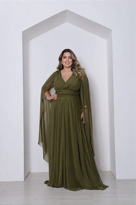 VESTIDO LONGO MICROTULE MANGA CAPA DECOTE TRANSPASSADO ACINTURADO VERDE OLIVA