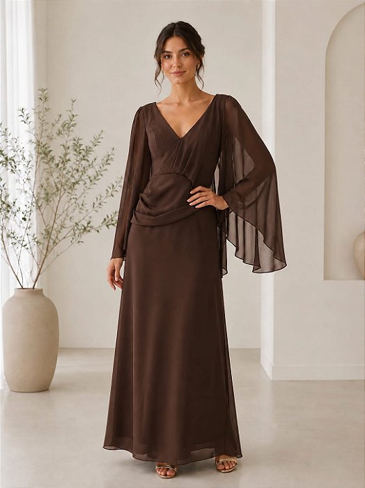 VESTIDO LONGO PRADA COM ELASTANO MANGA LONGA CAPA ESQUERDA DETALHE CINTURA  MARROM