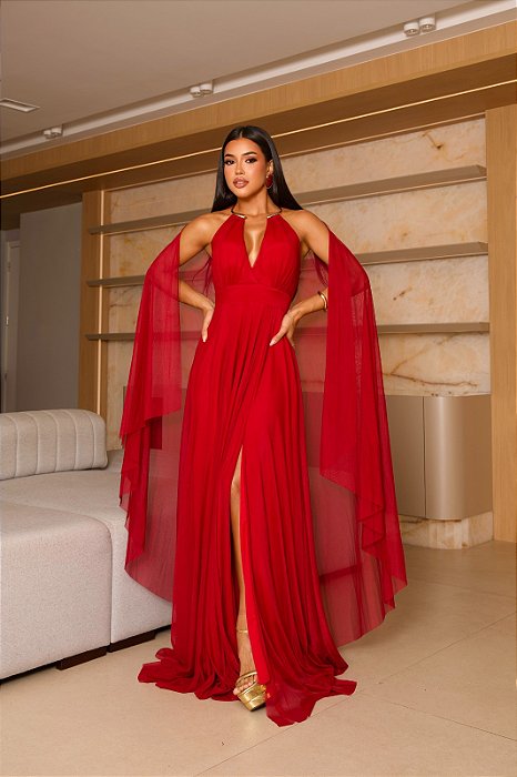 VESTIDO LONGO MICROTULE COM CAPA GOLA DETALHE COLAR TERRACOTA