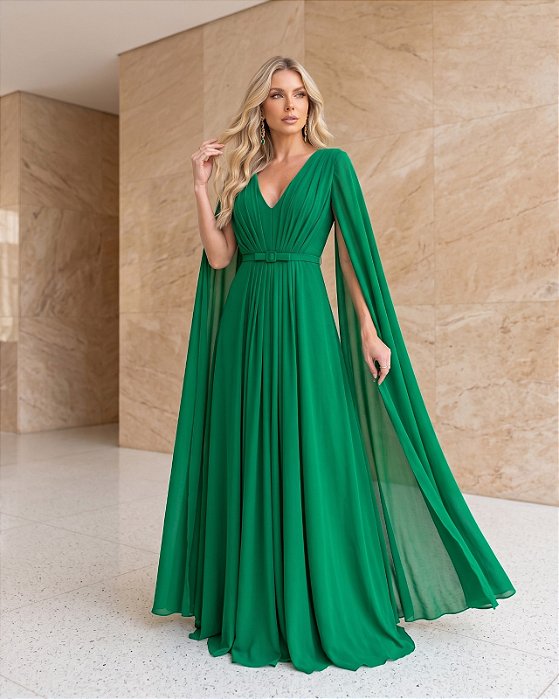VESTIDO LONGO CHIFFON MANGA LONGA LEVEMENTE DRAPEADO CINTO SOLTO VERDE BANDEIRA