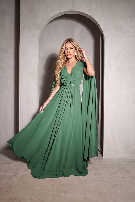 VESTIDO LONGO CHIFFON MANGA LONGA LEVEMENTE DRAPEADO CINTO SOLTO VERDE OLIVA