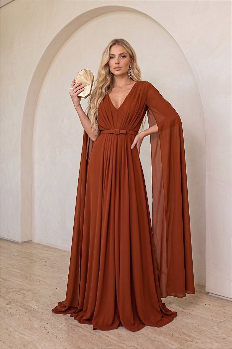 VESTIDO LONGO CHIFFON MANGA LONGA LEVEMENTE DRAPEADO CINTO SOLTO TERRACOTA
