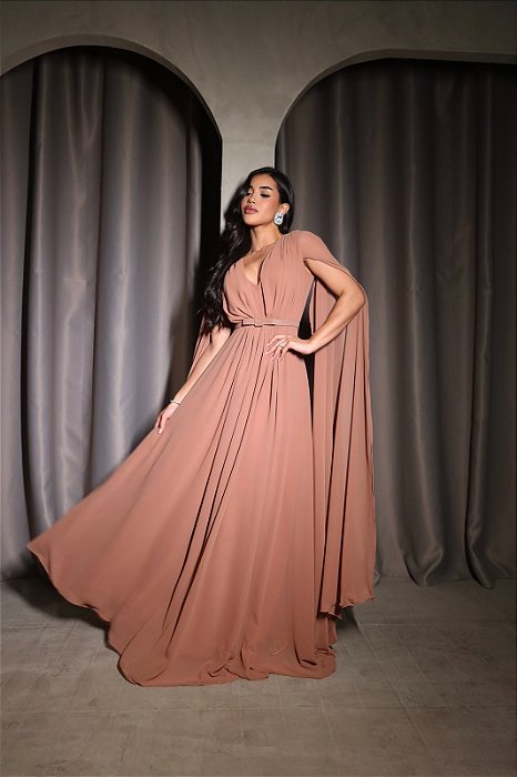 VESTIDO LONGO CHIFFON MANGA LONGA LEVEMENTE DRAPEADO CINTO SOLTO MARROM