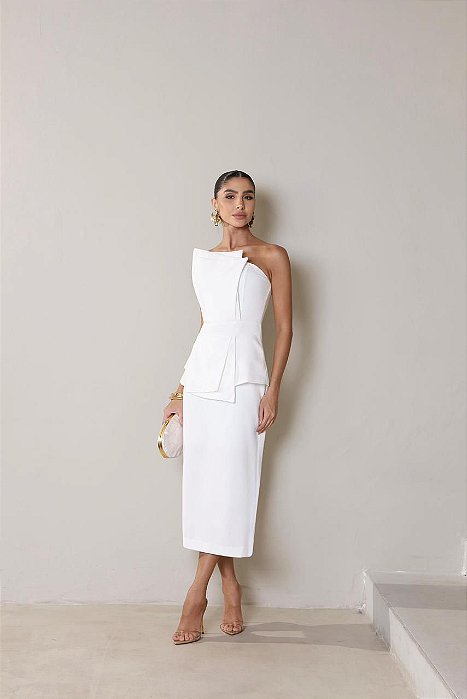 VESTIDO TOMARA QUE CAIA DETALHE BUSTO DETALHE PEPLUM NA CINTURA  BRANCO