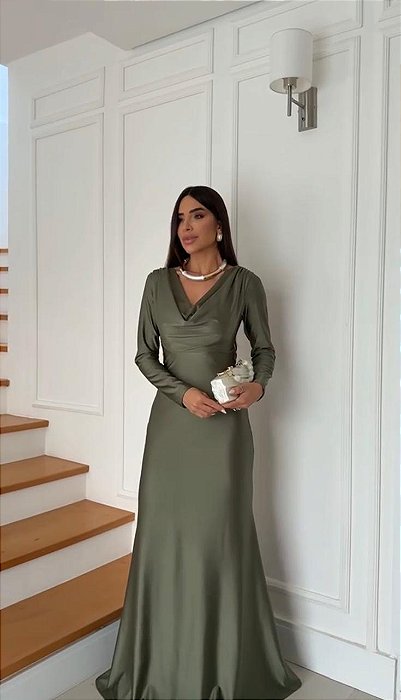 VESTIDO LONGO JERSEY MANGA LONGA DECOTE DRAPEADO AMARRAÇAO E DETALHE COSTAS VERDE OLIVA