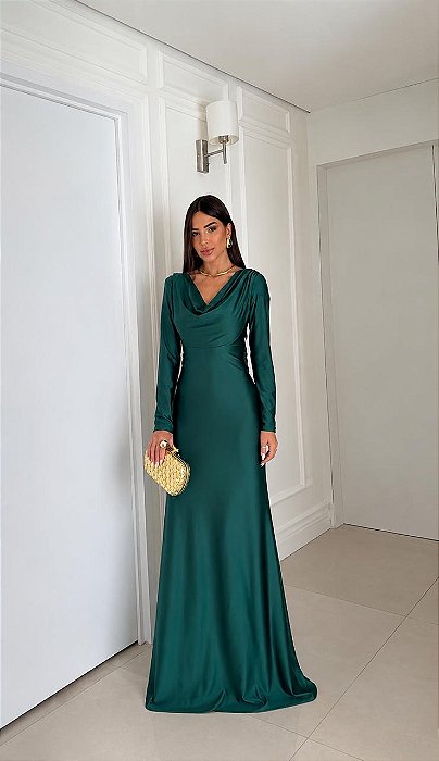 VESTIDO LONGO JERSEY MANGA LONGA DECOTE DRAPEADO AMARRAÇAO E DETALHE COSTAS VERDE ESMERALDA