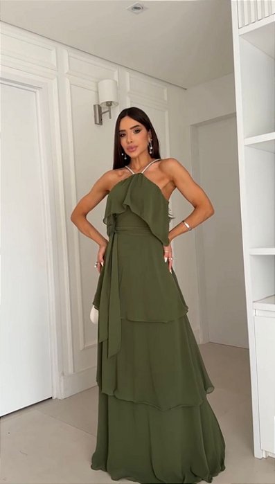 VESTIDO LONGO CHIFFON ALÇA BRILHO CAMADAS FRENTE VERDE OLIVA