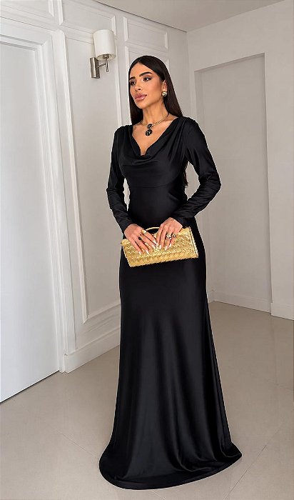 VESTIDO LONGO JERSEY MANGA LONGA DECOTE DRAPEADO AMARRAÇAO E DETALHE COSTAS PRETO