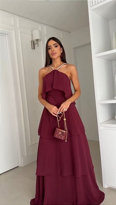 VESTIDO LONGO CHIFFON ALÇA BRILHO CAMADAS FRENTE MARSALA