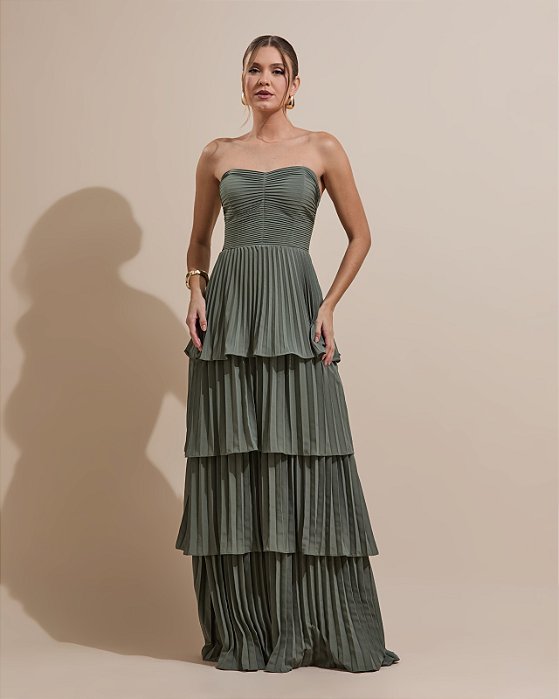 VESTIDO LONGO CHIFFON TOMARA QUE CAIA PLISSADO BUSTO E COMPRIMENTO VERDE OLIVA