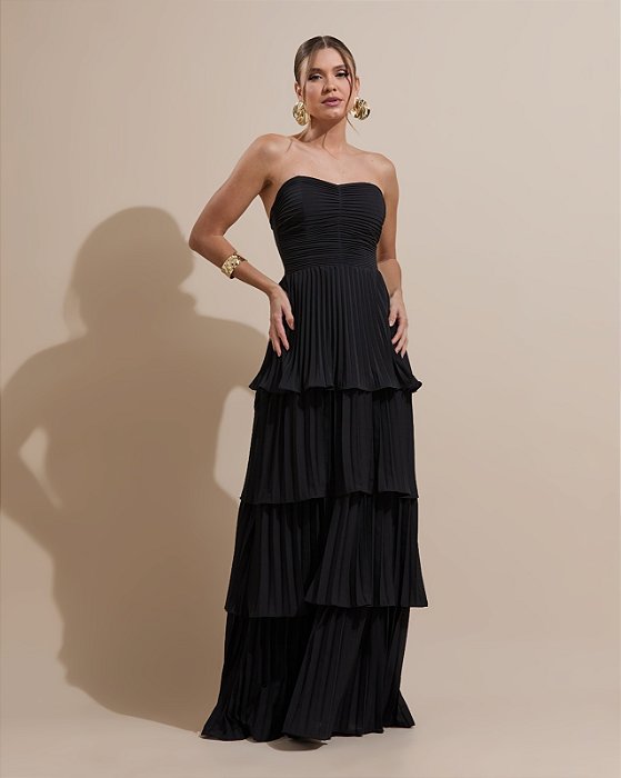 VESTIDO LONGO CHIFFON TOMARA QUE CAIA PLISSADO BUSTO E COMPRIMENTO PRETO