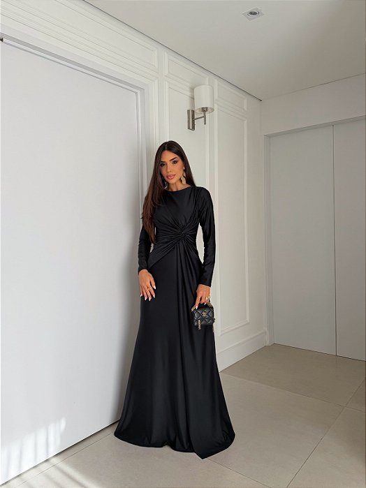 VESTIDO LONGO JERSEY MANGA LONGA C/DETALHE DRAPEADO SOBREPOSTO FRENTE PRETO