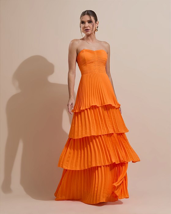 VESTIDO LONGO CHIFFON TOMARA QUE CAIA PLISSADO BUSTO E COMPRIMENTO LARANJA