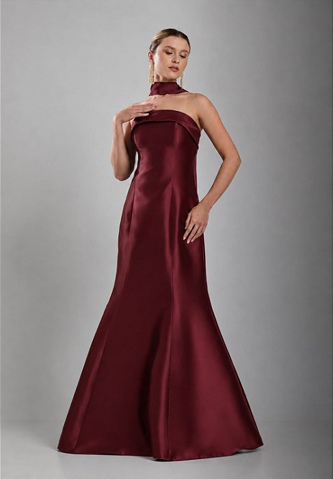 VESTIDO LONGO ZIBELINE TOMARA QUE CAIA DETALHE BUSTO C/ENCHARPE MARSALA