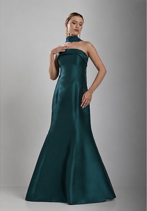 VESTIDO LONGO ZIBELINE TOMARA QUE CAIA DETALHE BUSTO C/ENCHARPE VERDE PETROLEO