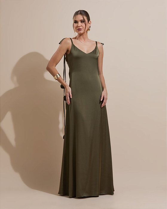 VESTIDO LONGO SEDA  ALÇAS FINAS C/AMARRAÇÃO DETALHE FLOR VERDE OLIVA