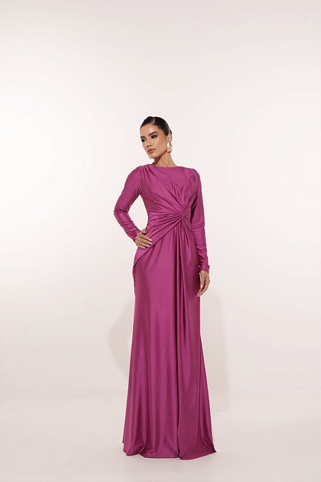 VESTIDO LONGO JERSEY MANGA LONGA C/DETALHE DRAPEADO SOBREPOSTO FRENTE FUCSIA