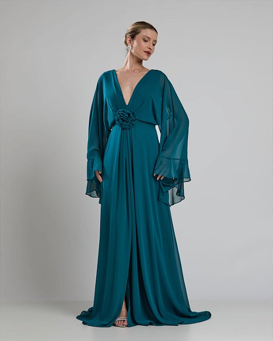 VESTIDO LONGO CREPE DE DECOTE V COM FLOR REMOVÍVEL DECOTE COSTAS COM AMARRAÇÃO VERDE PETROLEO
