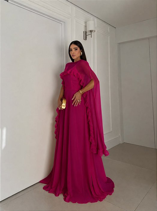 VESTIDO LONGO CREPE DE SEDA DE ALCINHA C/CAPA BABADOS REMOVÍVEL  FUCSIA