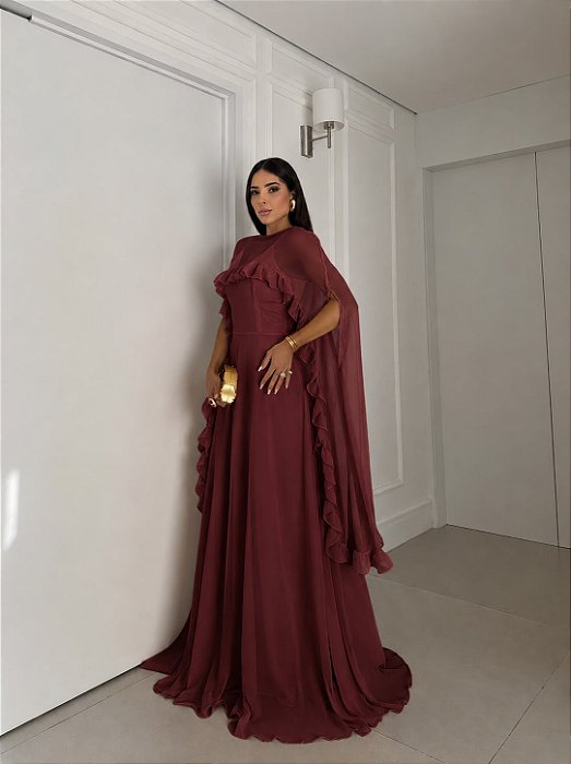 VESTIDO LONGO CREPE DE SEDA DE ALCINHA C/CAPA BABADOS REMOVÍVEL  MARSALA