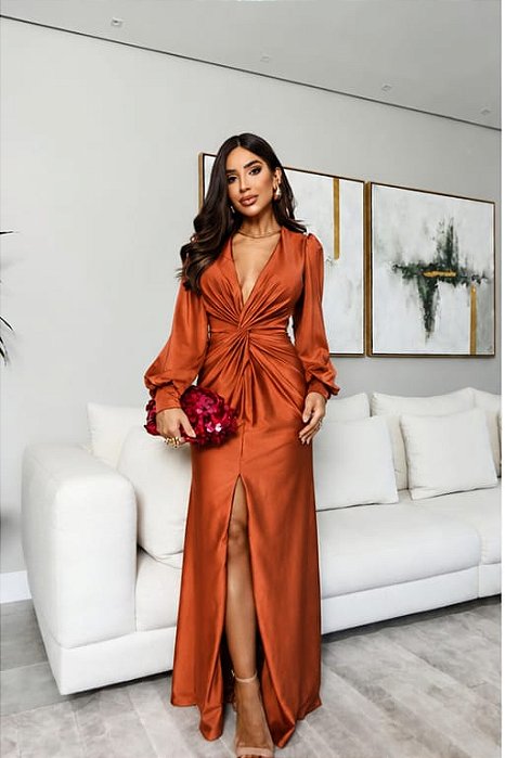 VESTIDO LONGO PRADA C/ELASTANO MANGA LONGA DETALHE DRAPEADO NO BUSTO E COSTAS FENDA TERRACOTA