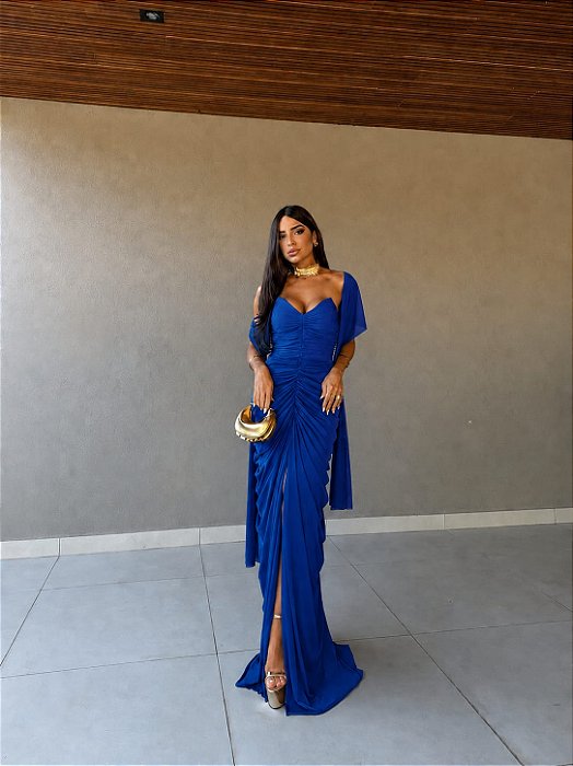 VESTIDO LONGO MICROTULE TOMARA QUE CAIA DRAPEADO COMPRIMENTO AZUL ROYAL