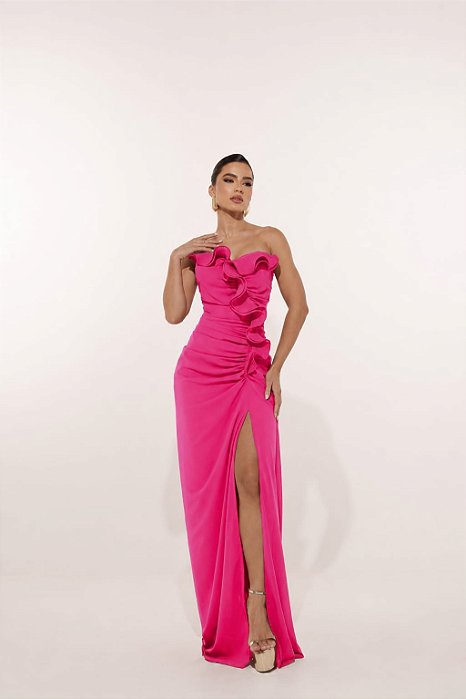 VESTIDO LONGO CREPE DE SEDA DECOTE CÔNCAVO DETALHE BABADO PLISSADO VERTICAL PINK