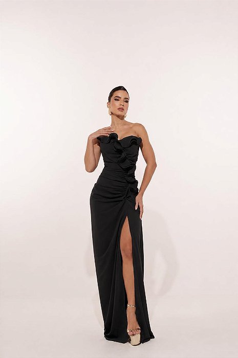 VESTIDO LONGO CREPE DE SEDA DECOTE CÔNCAVO DETALHE BABADO PLISSADO VERTICAL PRETO