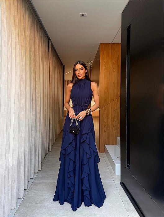 VESTIDO LONGO CHIFON GOLA ALTA CAMADAS VERTICAIS COSTA NUA  AZUL ROYAL