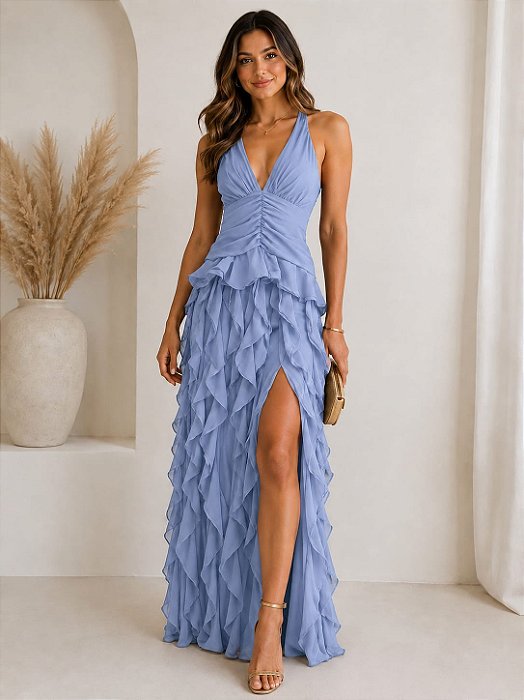 VESTIDO LONGO CREPE DE SEDA FRENTE ÚNICA COM AMARRAÇÃO FENDA LATERAL SAIA BABADOS VERTICAIS AZUL SERENITY